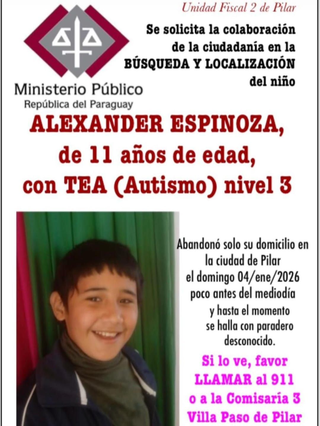 Se solicita colaboración para la búsqueda de un niño desaparecido