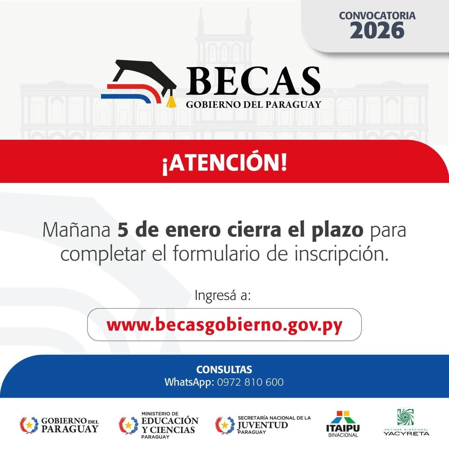 Último llamado para postulantes a las Becas del Gobierno del Paraguay – Convocatoria 2026