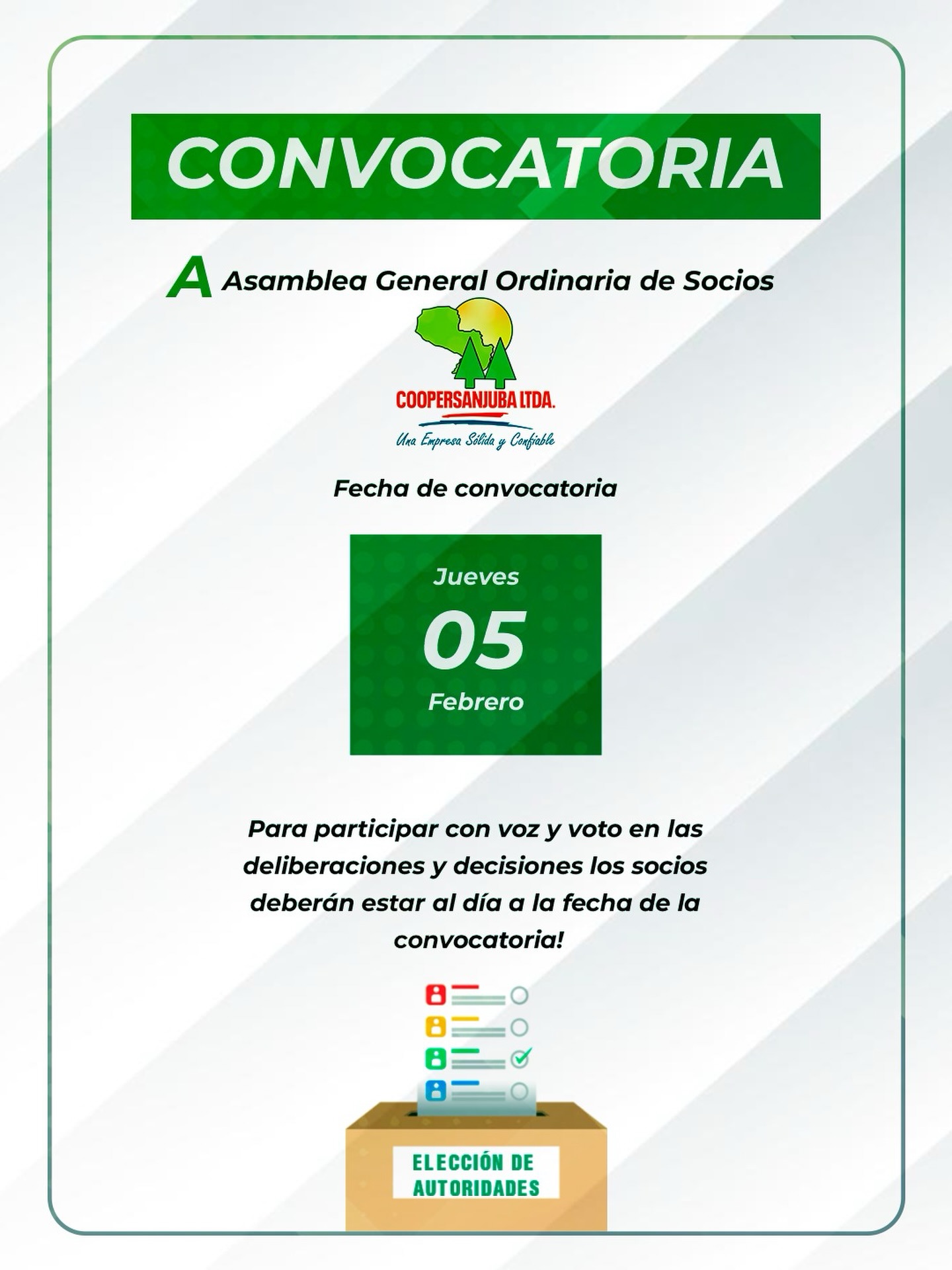Convocatoria a Asamblea General Ordinaria de Coopersanjuba Ltda.