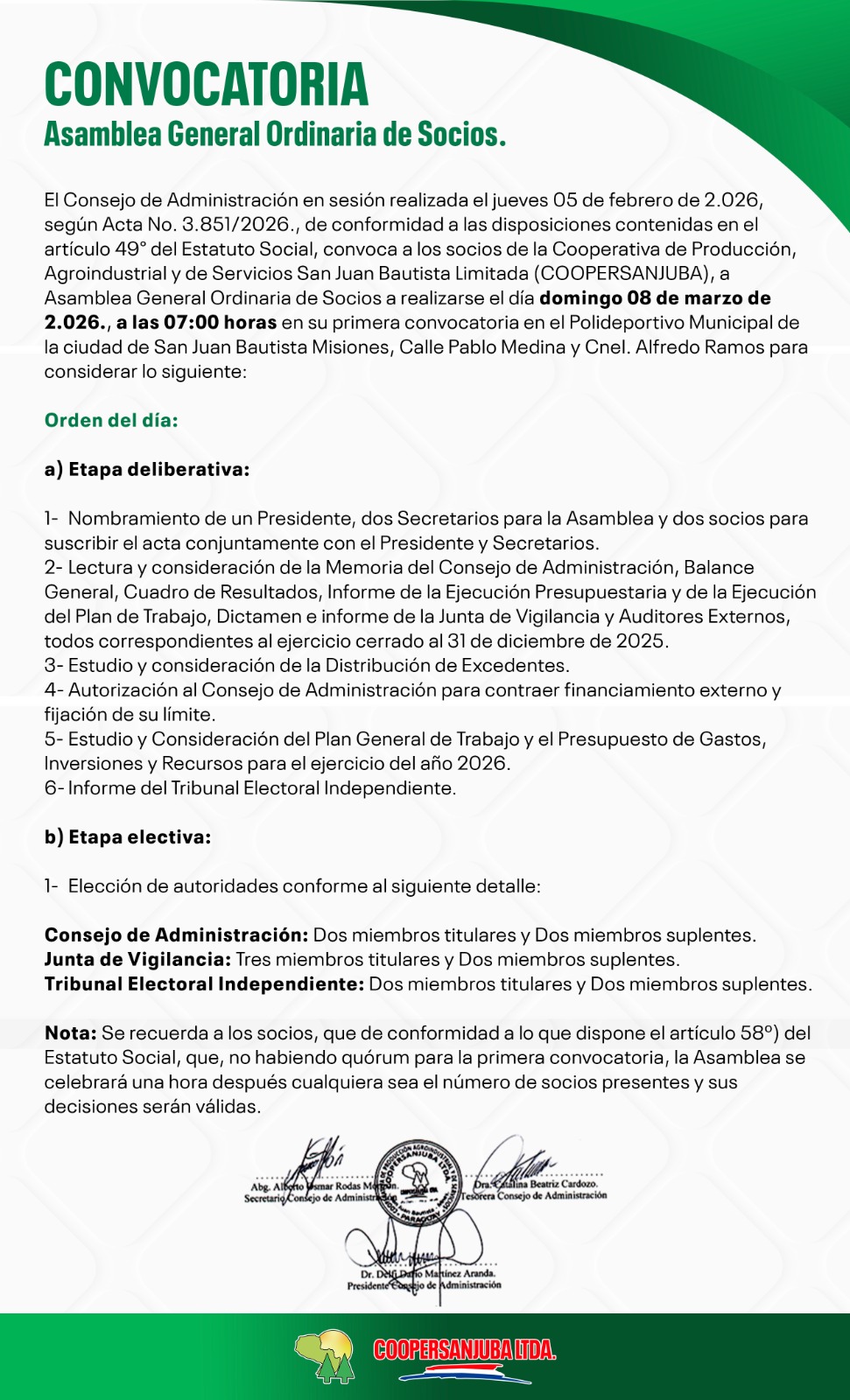 COOPERSANJUBA Ltda. convoca a Asamblea General Ordinaria de Socios