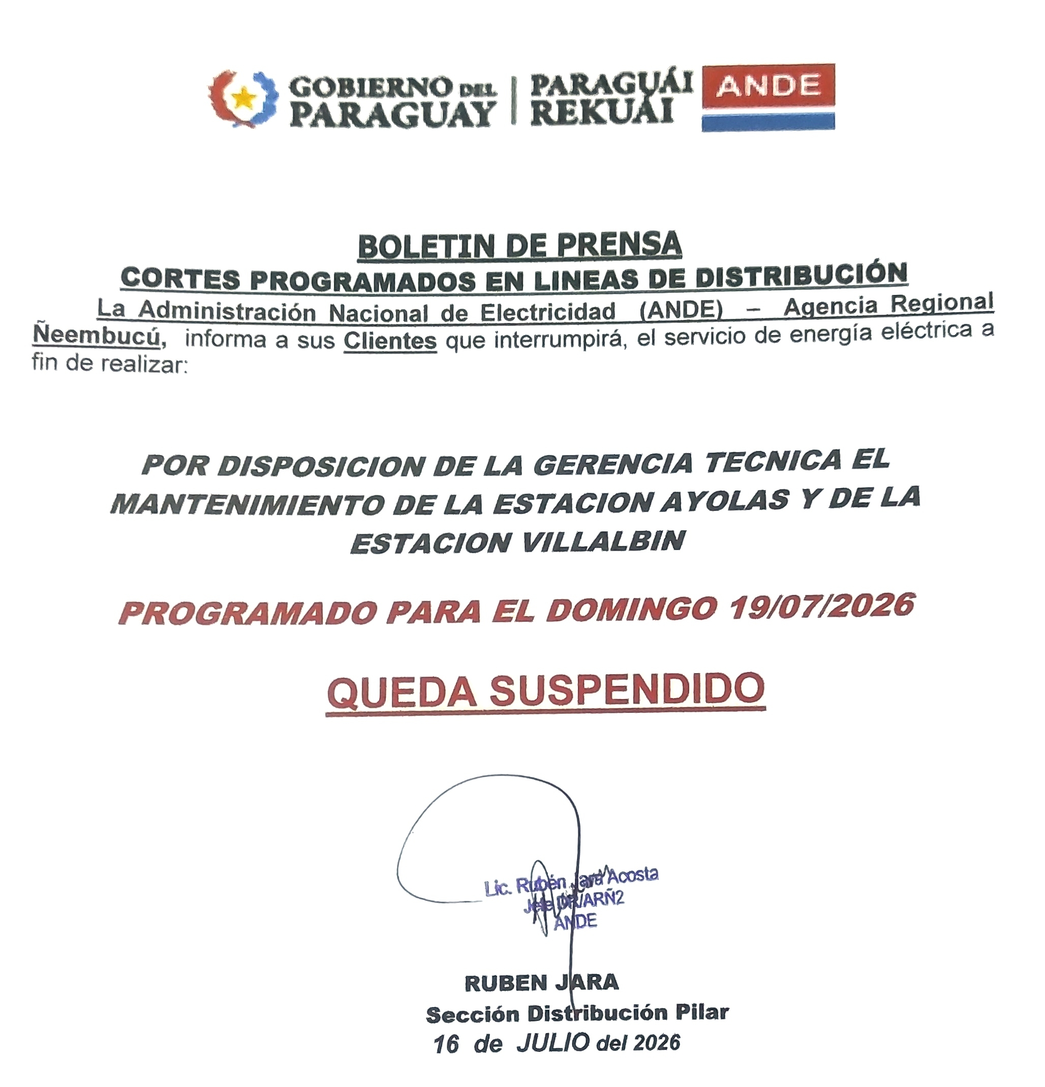 ANDE comunica oficialmente que suspende el corte programado en Ñeembucú